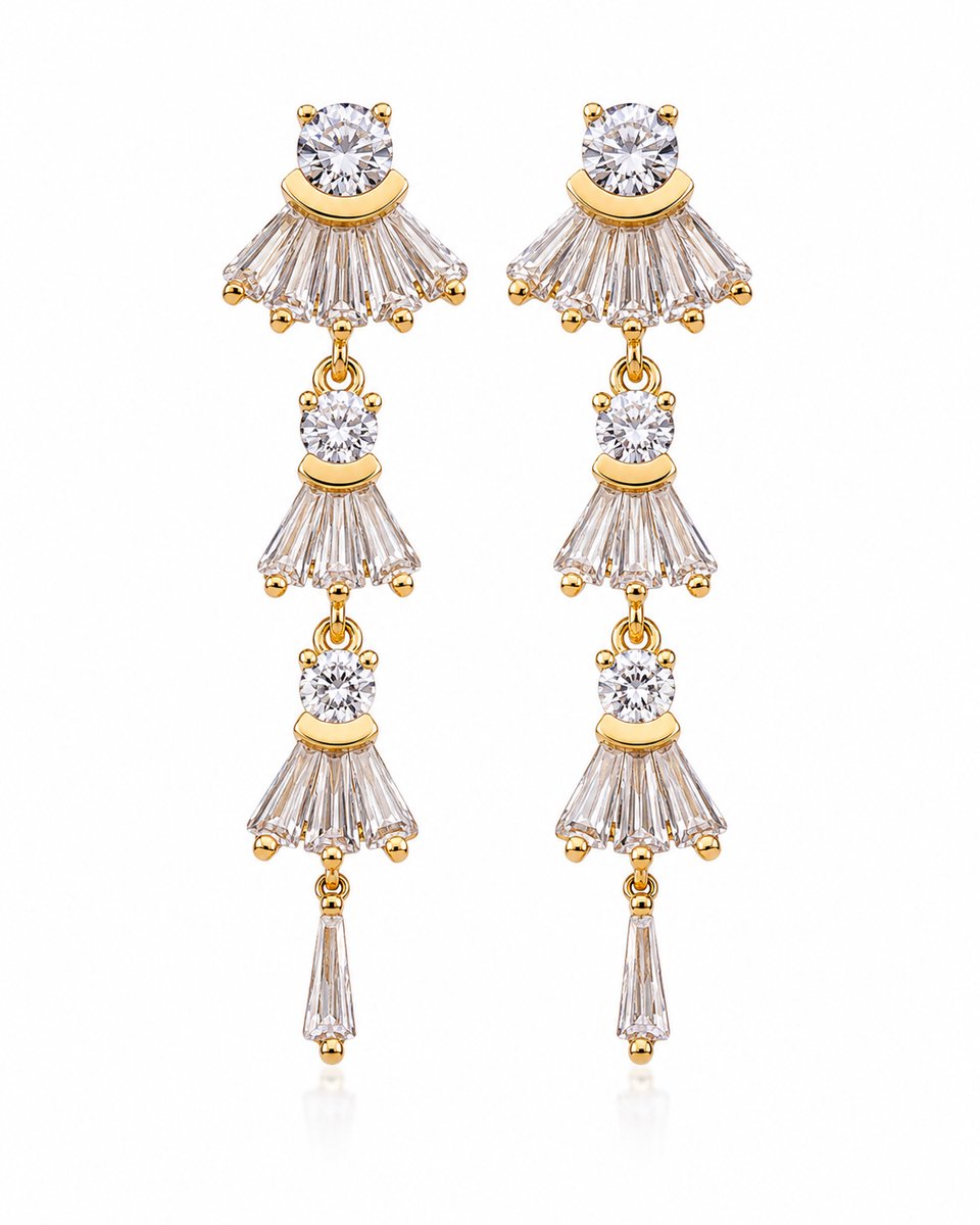 CHIVAL Verisse Oorbellen Dames - 18K Verguld Goud - Luxe Statement Oorbellen met Baguette & Ronde Zirkonia - Goudkleurige Oorbellen - Cadeau voor Vrouw