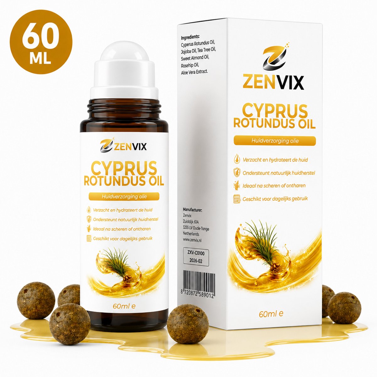 Zenvix® Cyperus Rotundus Olie Roll-on 60 ml – Antihaargroei Oil – Ontharingscreme – Ontharing - Hair Removal Cream - Kalmeert & Hydrateert Huid - Vermindert Haargroei