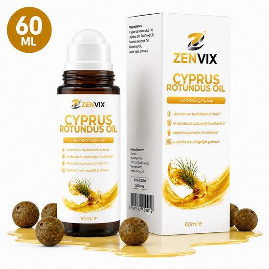 Zenvix Huidverzorging olie met rol-on dop, 60 ml. Fles en doos bedrukt met Zenvix logo en productnaam.