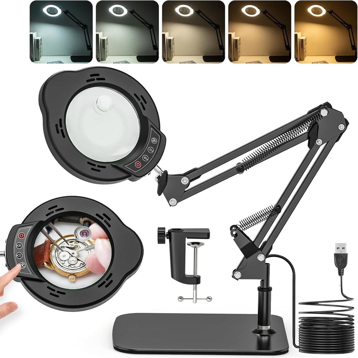 Vergrootglas met Licht en Standaard - 15 x 10 cm - LED Vergrootlamp met Klem en Basis - Voor Hobbyambachten en Reparaties
