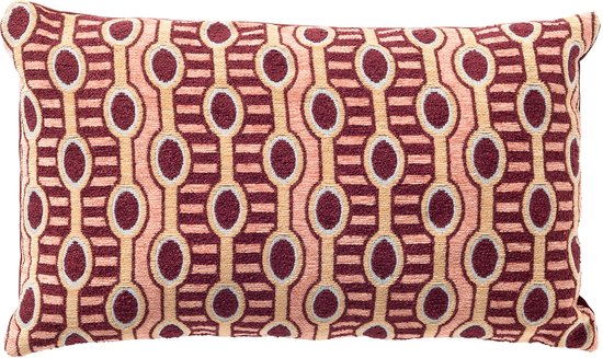 Kussenhoes met een gestreept patroon van ovalen in rood, roze, beige en lichtblauwe details.