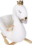 Witte schommelswaan met gouden kroon, zachte pluche en veiligheidsgordel.