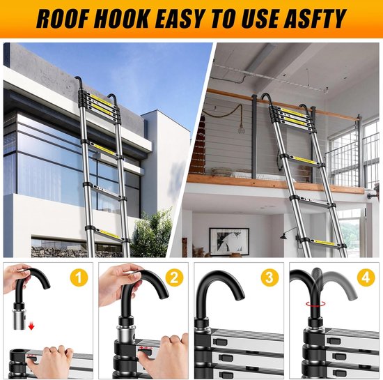 Telescopische Ladder - Uittrekbare Ladder Opvouwbare Ladder - Klusjes Binnen en Buiten - Met Haken en Stabilisator - 4.7 Meter — afbeelding 4