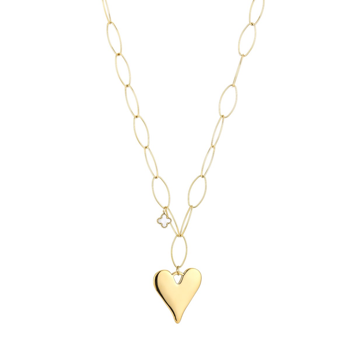 Heart Pendant & Clover Charm Oval Link Chain Long Necklace – 80 CM Lange Ketting met Hart – RVS - Goud