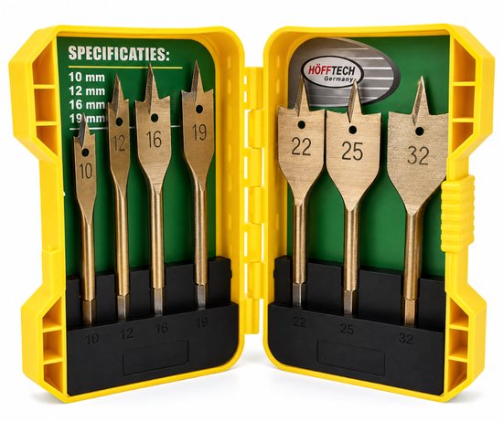Boîte jaune pour set de 7 forets plats Höfftech, tailles 10-32mm.