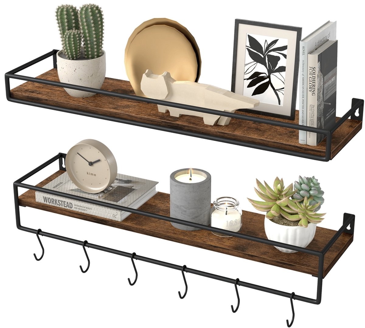 Wandplank – set van 2 – 60 cm breed – Rustiek Bruin, Matzwart