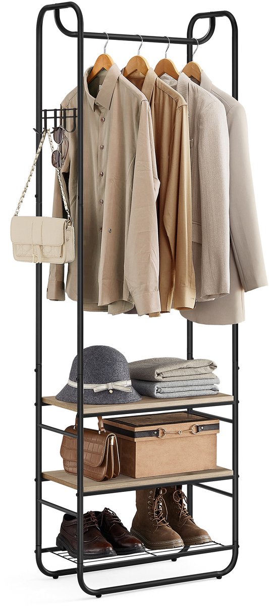 VASAGLE HSR081K01 Kapstok met schoenenrek, schoenenrek voor hal of slaapkamer, 58 x 28 x 181 cm, Scandinavisch zwart + camelbruin