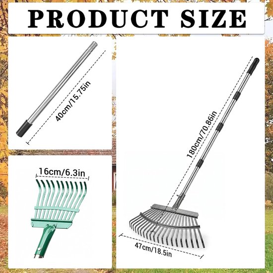 Hark, tuinhark, metaal, met 180 cm roestvrijstalen steel, hark, bladhark voor tuin, gazon, struik, gras, mulch, robuust — afbeelding 2