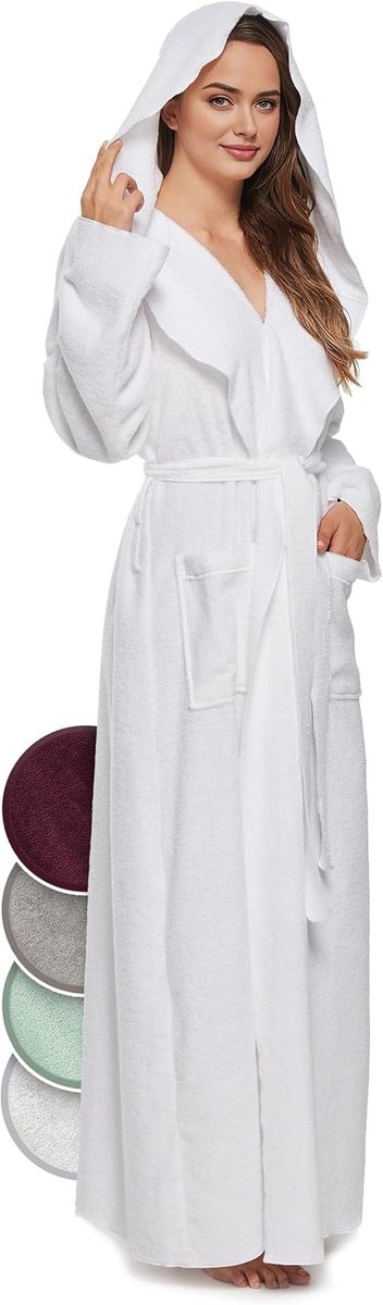 Badjas voor dames, 100% katoen (340 g/m²) met capuchon, extra lang, Oeko-Tex, wollige badjas, saunajas, ochtendjas, huisjas