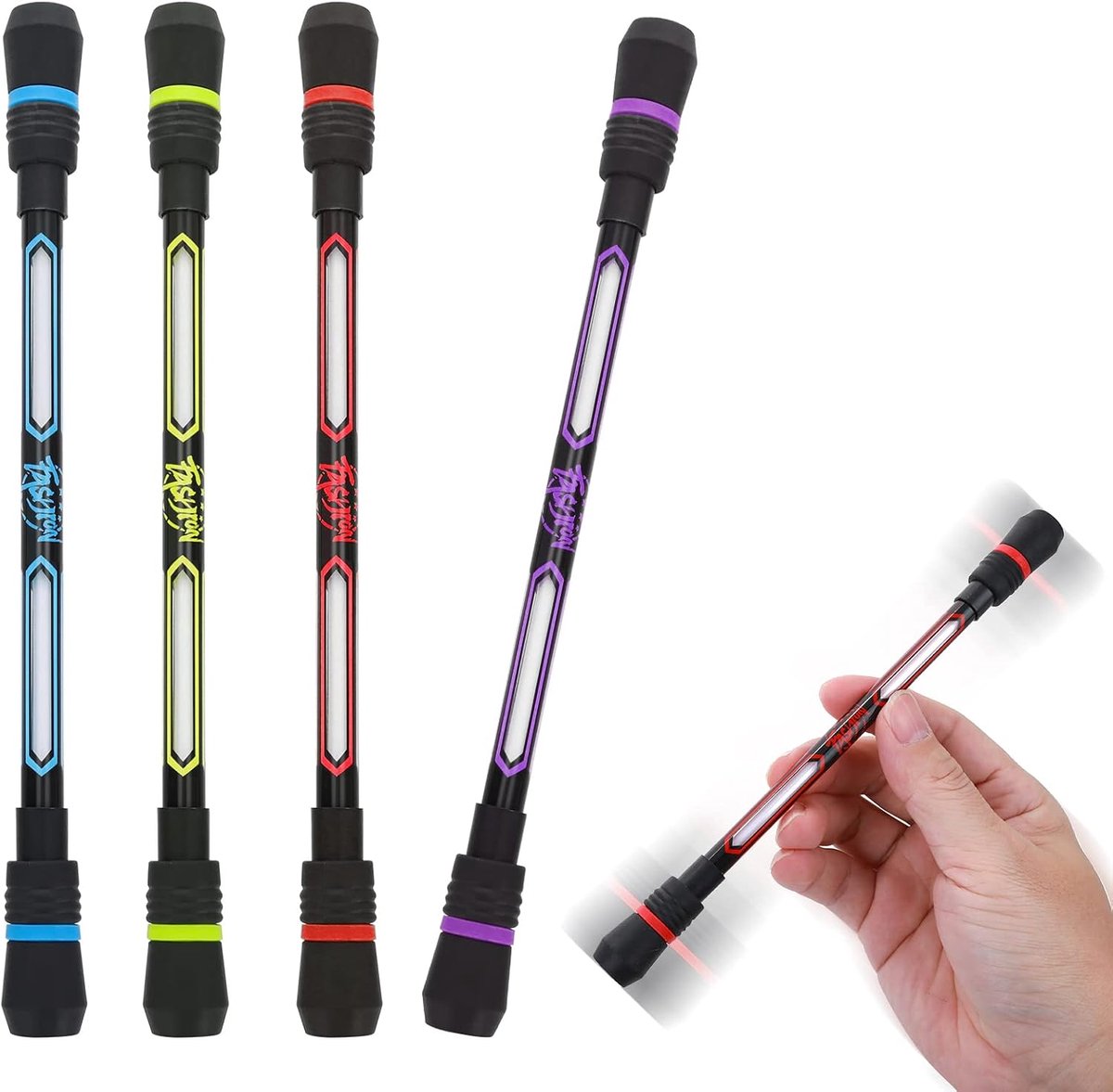 Draaiende balpen, 4 stuks, 19 cm, gewogen roterende vinger, antislip coating voor gaming, student entertainment, drukvermindering, flexibel, 0,5 mm