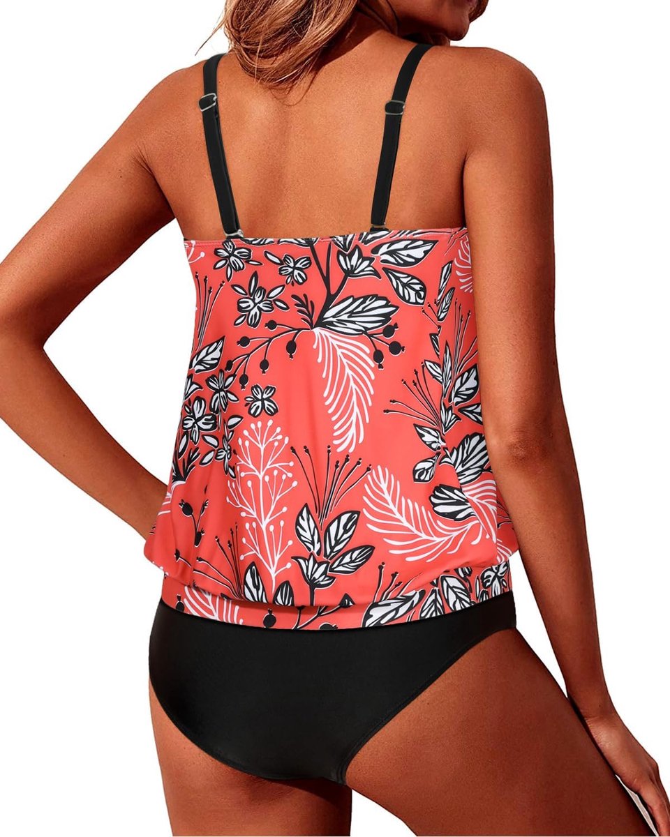 Two Piece Blouson Tankini Swimsuits for Women Modest Bathing Suits Loose Fit Swimwear Red Floral M