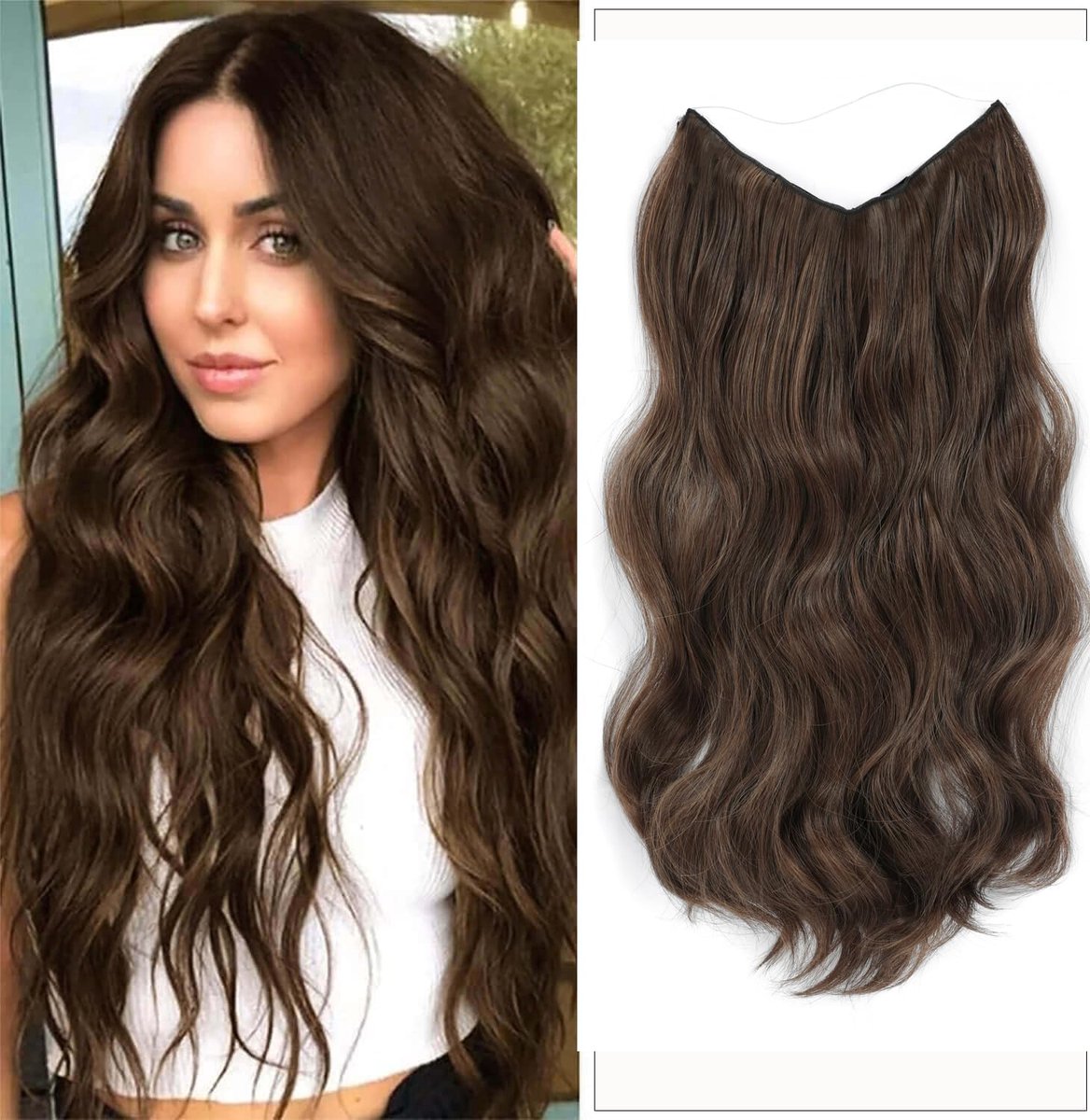 Taj Invisible Secret Wire Extensions, 50 cm, bruin, lange haarverlengingen met instelbare maat, clips, synthetische krullende haarstukjes voor vrouwen