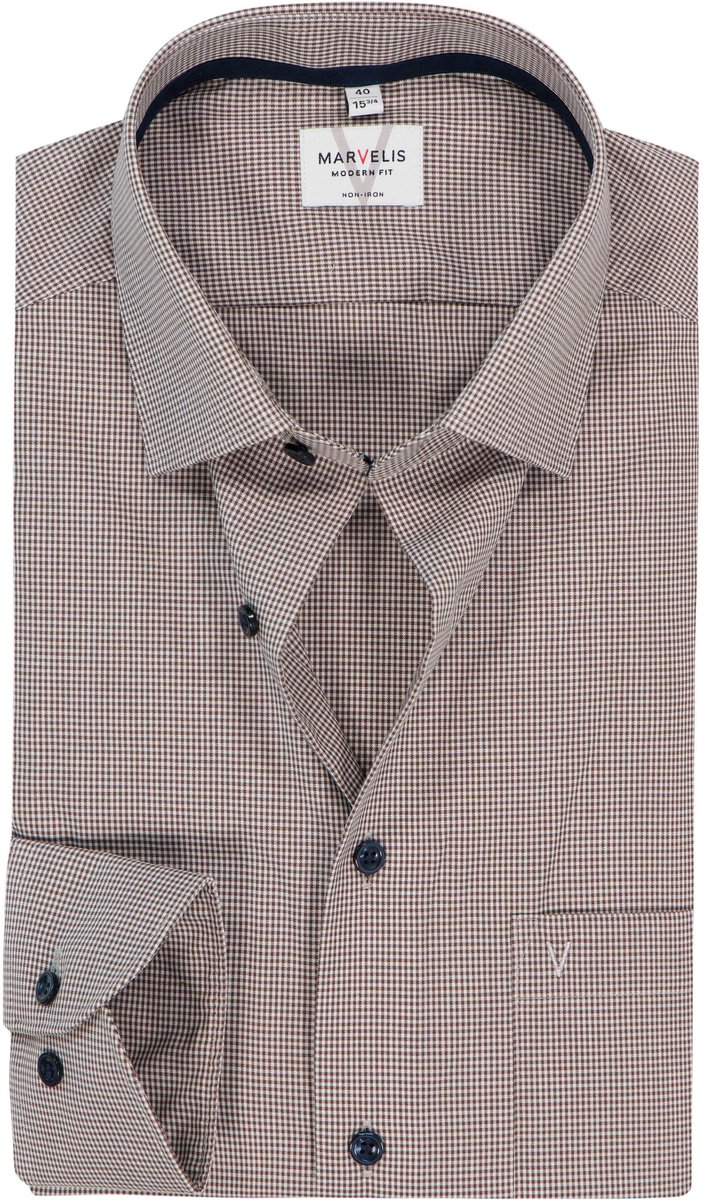 MARVELIS modern fit overhemd - popeline - donkerbruin met wit geruit - Strijkvrij - Boordmaat: 38 (EU maat: S)