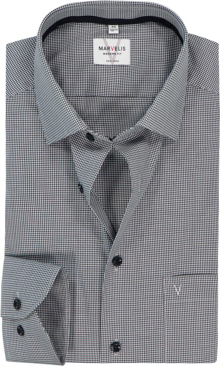 MARVELIS modern fit overhemd - popeline - zwart met wit geruit - Strijkvrij - Boordmaat: 39 (EU maat: M)