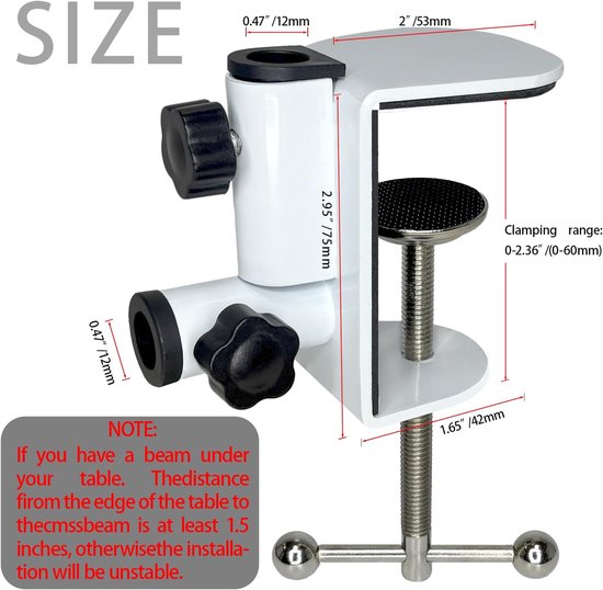 Set van 2 bureauklemmen - verstelbare metalen C-klem met 1/2 draadgaten voor desktopmicrofoonstandaard, lamp en camera - Heavy Duty witte klemvoet — afbeelding 5