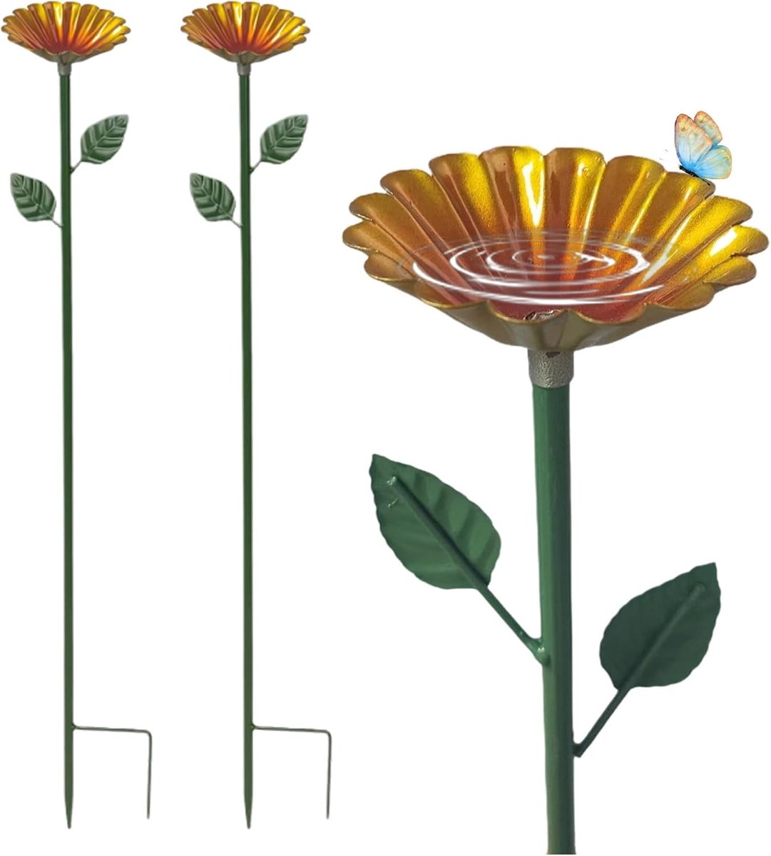 vlinder kolibrie vogelvoeders & bad - 2 stuks roségouden bloem paal gemonteerde voeders voor tuin, buiten wilde vogel voederstation met afneembare kommen (geel)