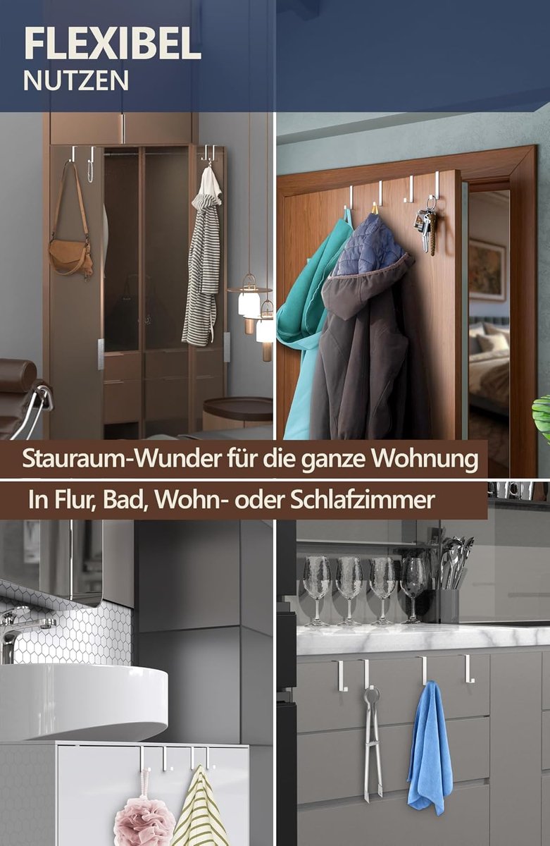 Deurhaken om op te hangen, set van 4, kleur wit - ruimtebesparende kledinghaken deur voor hele woning, universele haken om op te hangen - stabiele deurgarderobe, deurhakenlijst