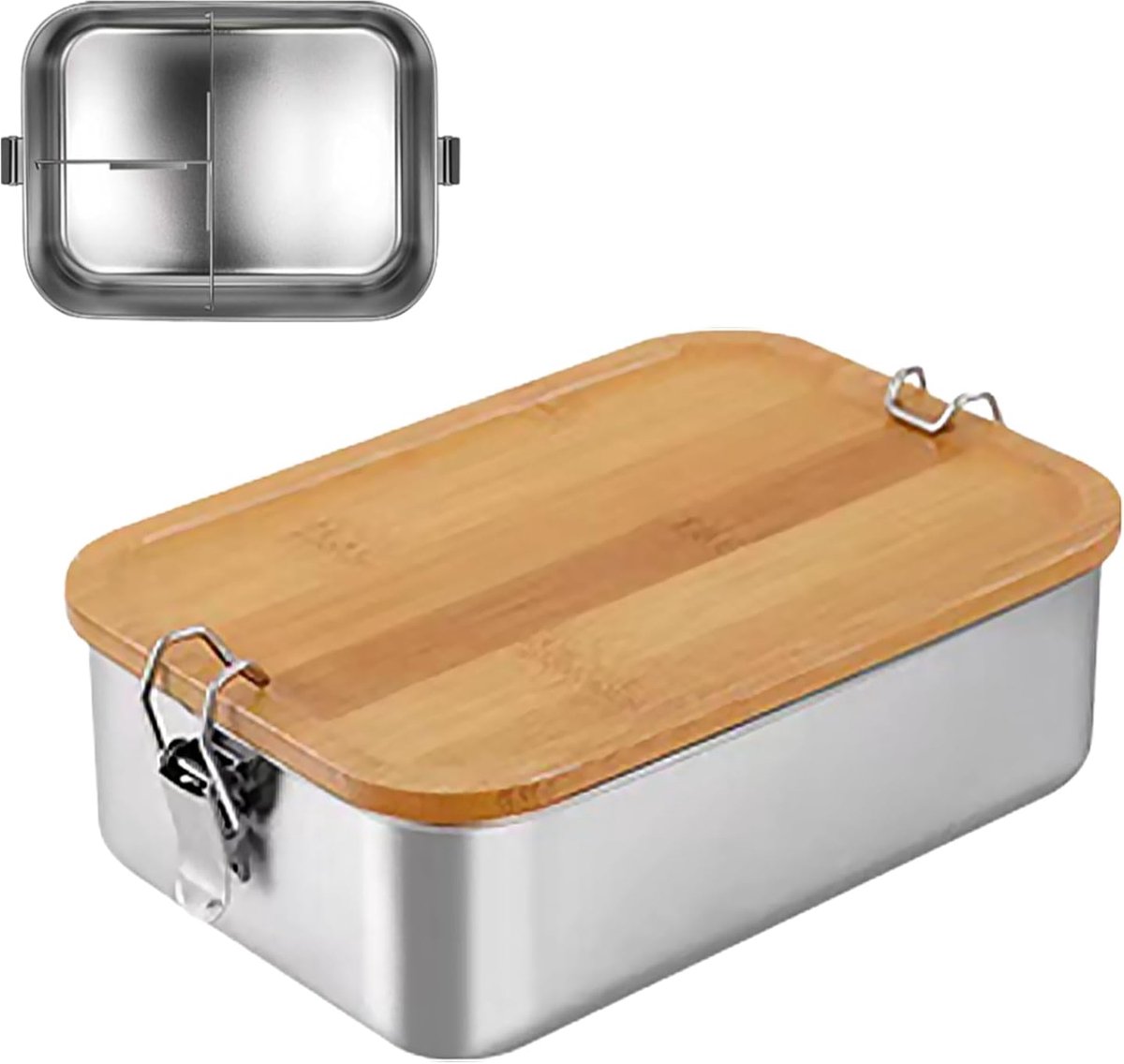 Bento Lunchbox van roestvrij staal, 2-3 vakken, metaal met houten deksel, BPA-vrij, voor schooluitstapjes (800 ml, 3'