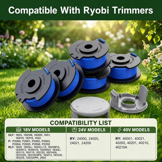Spoelen voor Ryobi grastrimmers, 1,6 mm x 3,5 m draadspoel compatibel met Ryobi One+ 18V 24V 40V, inclusief 2 spoeldoppen, trimmer spoel voor Easy Edge tuinieren — afbeelding 3