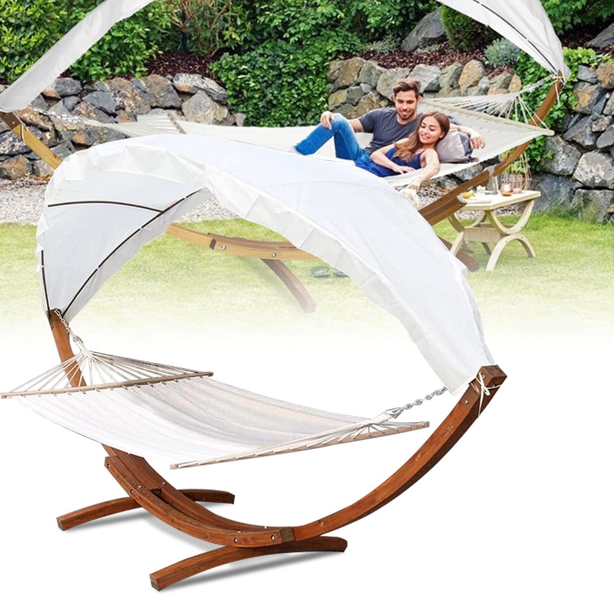 Hangmat voor buiten, hangmat met frame, 200 x 150 cm, hangstoel met frame voor 2 personen, belastbaarheid 200 kg, hangmatstandaard, hout, hangmatten met dak voor tuin, terras, zwembad