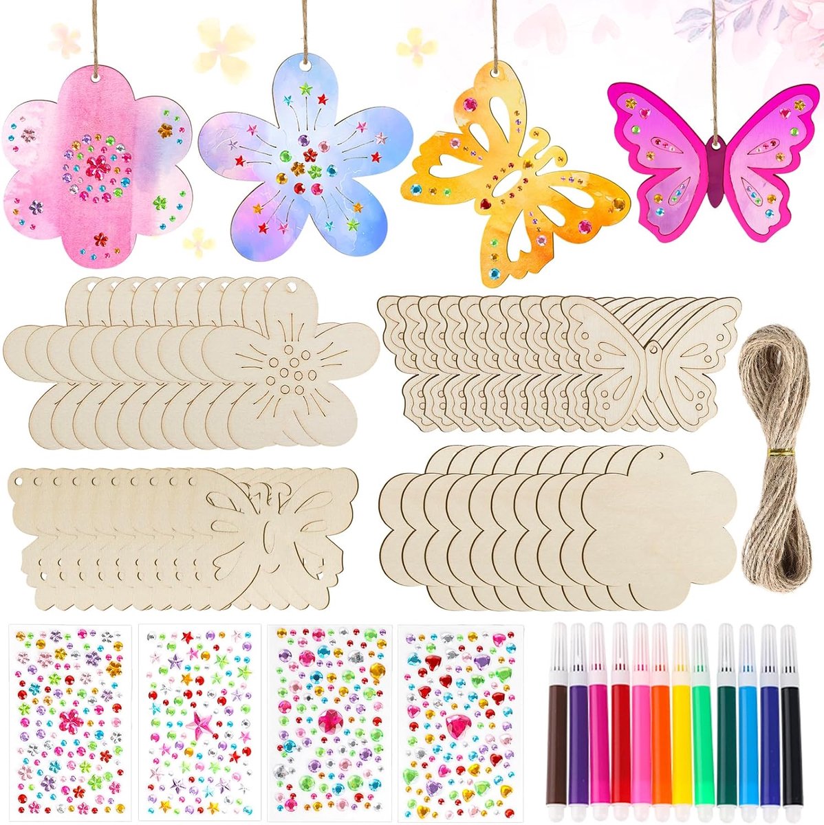 Houten bloemen om te beschilderen, vlinder en bloem, houten knutselen, kinderen, kinderverjaardag, knutselen met aquarelstift, edelsteenstickers en koord voor knutselcursussen