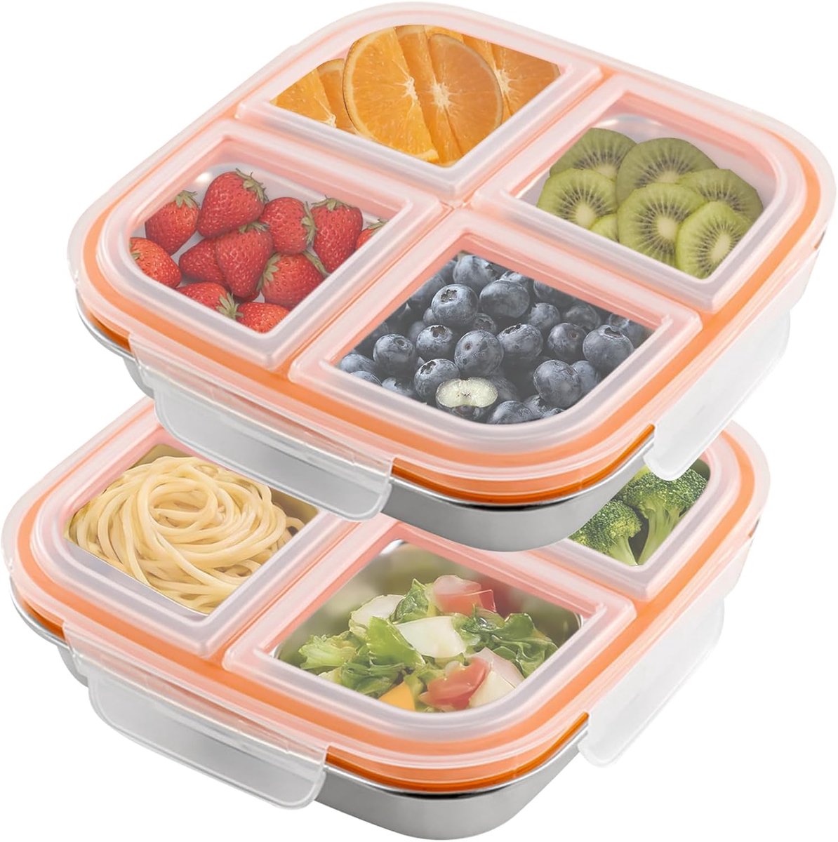 2 stuks snackbox met vakken, roestvrij staal, lekvrij, snackbox, snackbox | Bento Box, broodtrommel voor kinderen, herbruikbaar, met deksel, voor school, werk en camping, 600 ml