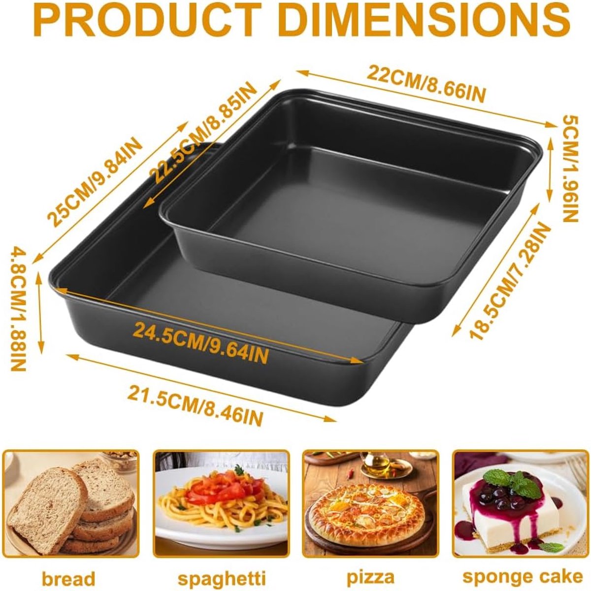 Vierkant, 22 cm + 25 cm, 2 stuks, met antiaanbaklaag, vierkante bakvormen voor cake, brownies en lasagne