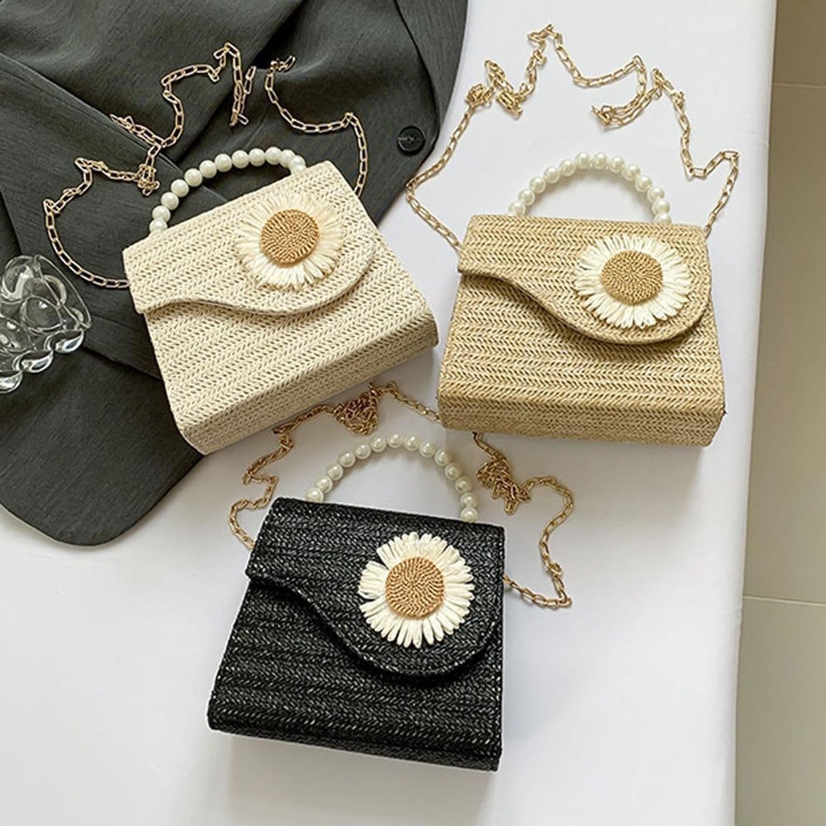 Strandtas voor dames, boho strotas, zomerhandtas, crossbody met afneembare ketting, clutch voor strand, party, vakantie en bruiloft