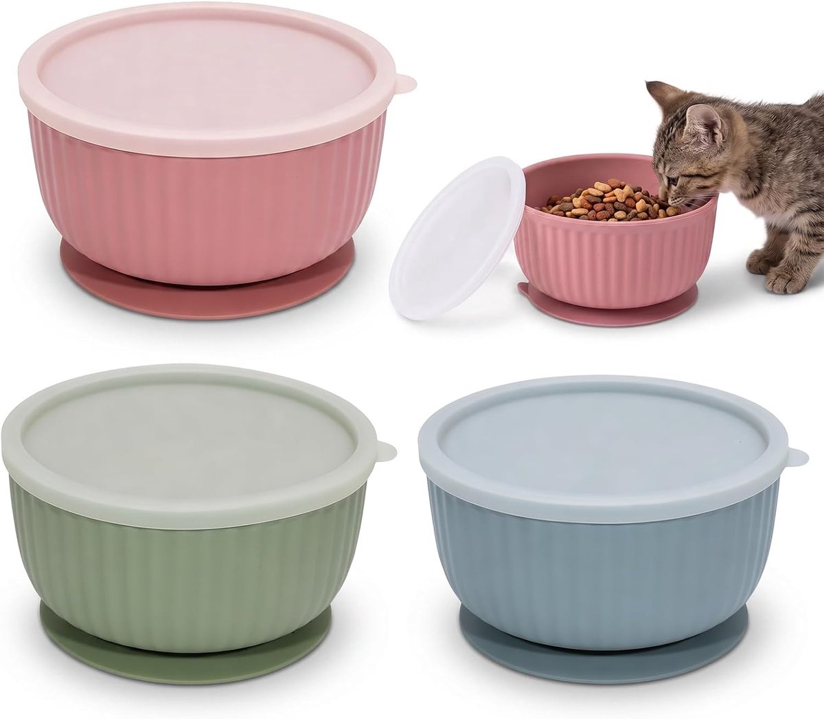 3 stuks siliconen kattenbakken met deksel, kattenbak, siliconen antislip voerbak kat zuignap, voerbakset, kattenbak, gestreept design voor kittens en kleine honden (blauw, groen, roze)
