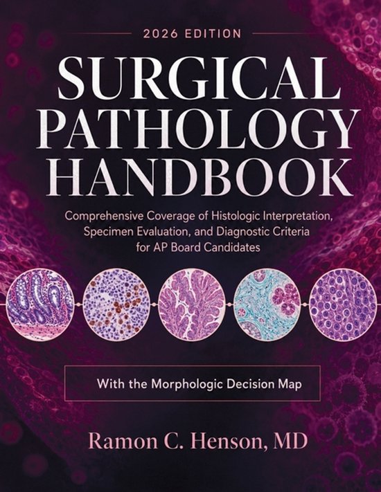Surgical Pathology Handbook 2026 cover met medische weefselbeelden op een paarse achtergrond door Ramon C. Henson, MD.