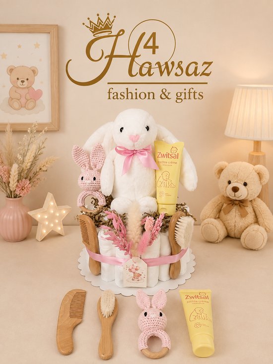 Kraamcadeau 7 stuks - Hawsaz.nl cadeau - Gepersonaliseerd -Speenkoord - Rammelaar - Zwitsal - Babyversorging - Babyshower - Geboortecadeau - Babyspeelgoed - Wagenspanner - Badcape - Newborn van $ — afbeelding 2