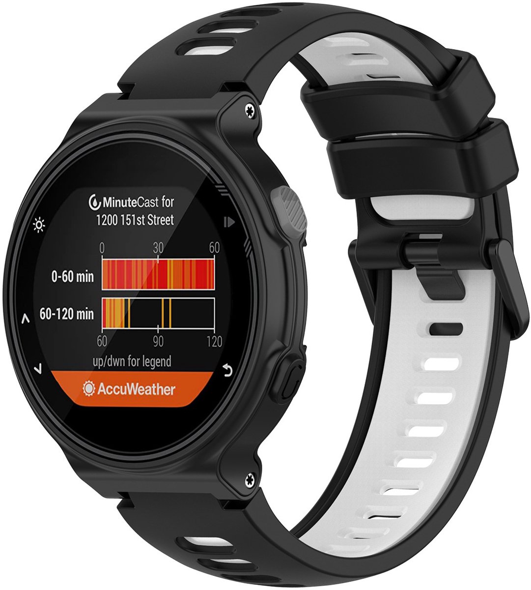 Stravo Sport Bandje – Geschikt voor Garmin Forerunner 735XT / 235 / 230 / 220 / 620 / 630 – Siliconen Horlogeband – Polsband – Zwart / Wit