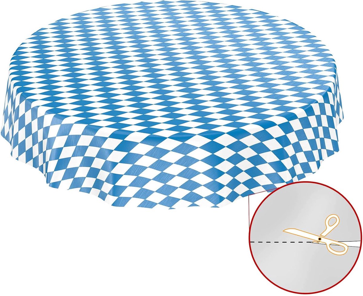 SnelShoppen - Wasbare tafelkleed rond 120 cm met Bavarian check motief, geschikt voor Oktoberfest, tuin en binnen gebruik, PVC gecoat, snel verzonden