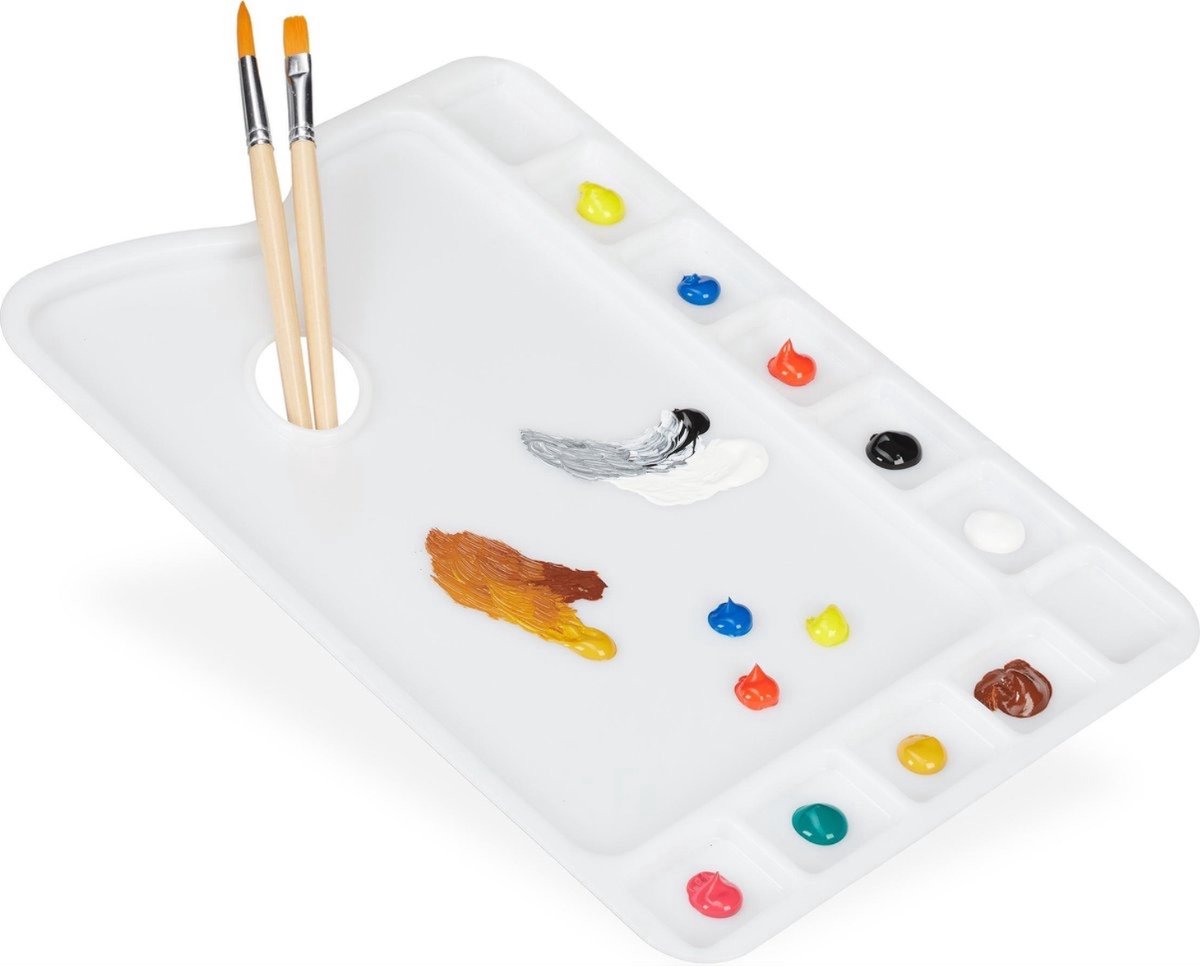 Verfpalet - Schilderspalet - Verf mengbord - 11 vakjes - Verf plankje - Schilderen - Acrylverf - Waterverf - Olieverf - Paint palette - Wit - Kunststof - 30x20 cm - Jonyx