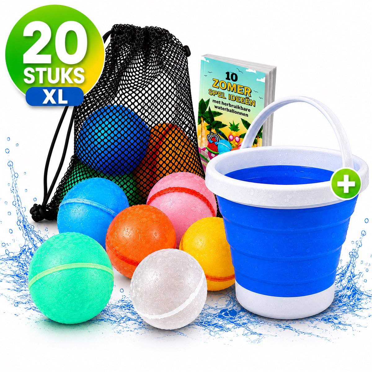 cozy.® Herbruikbare Waterballonnen Pro XL 2026 - Complete Familie Set - 20 Stuks + Opvouwbare Emmer - Zomers Waterspeelgoed - Extra Groot, Zelfsluitend & Duurzaam - Inclusief E-book met Spelideeën - Splashbal - Camping, Tuin & Vakantie Spelletjes