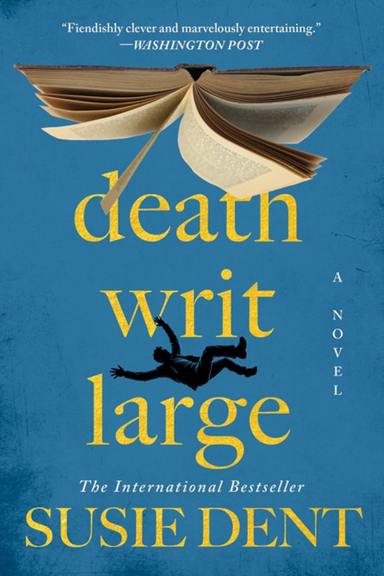 Boekcover met de titel 'Death Writ Large' in gele letters, een omhooggehouden boek en een vallende man.