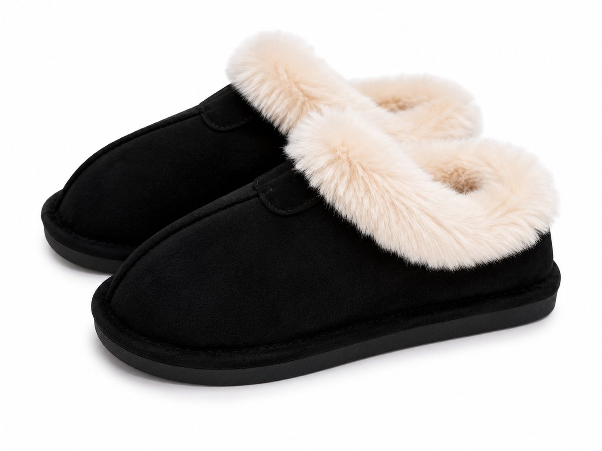Dames Pantoffels – Warme Sloffen met Zachte Bontkraag – Suède Look – Comfortabele Huisschoenen – Maat 37 - Zwart -