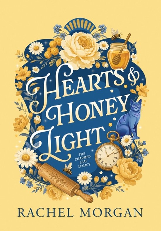 Boekomslag 'Hearts & Honey Light' met blauwe kat, honingpot, gouden bloemen en Rachel Morgan.