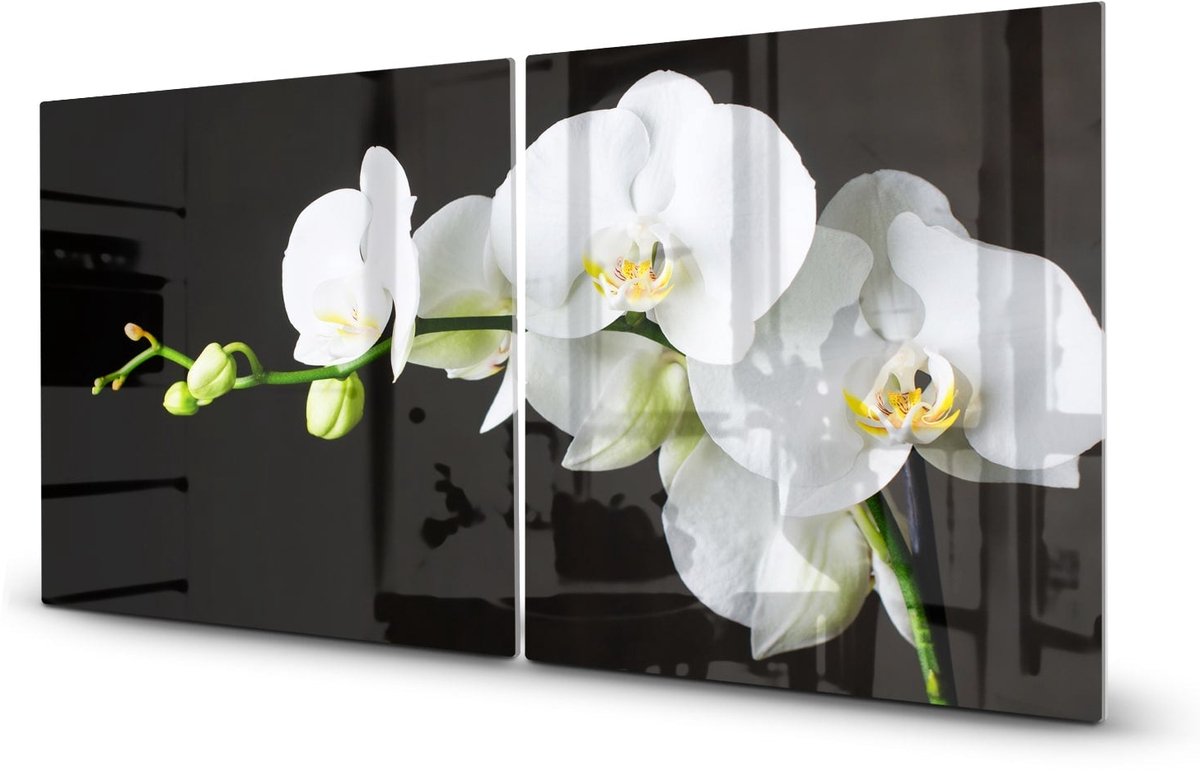Mydesignglas Glazen Inductie Beschermer - Krasvrij Gehard Glas met Antislip - Afdekplaat voor Kookplaat - Spatscherm Achterwand Keuken - 2x45x52 cm - Witte Orchideen