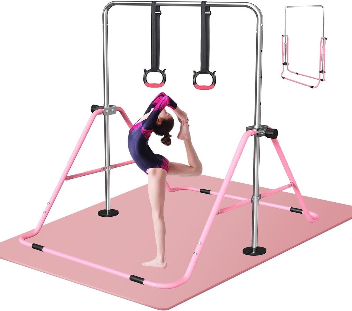Gymnastiekstang Kinderen - Turnrek Opvouwbaar - Buiten Trainen - Verstelbare Hoogte - 117 cm Pakket - Roze Mat