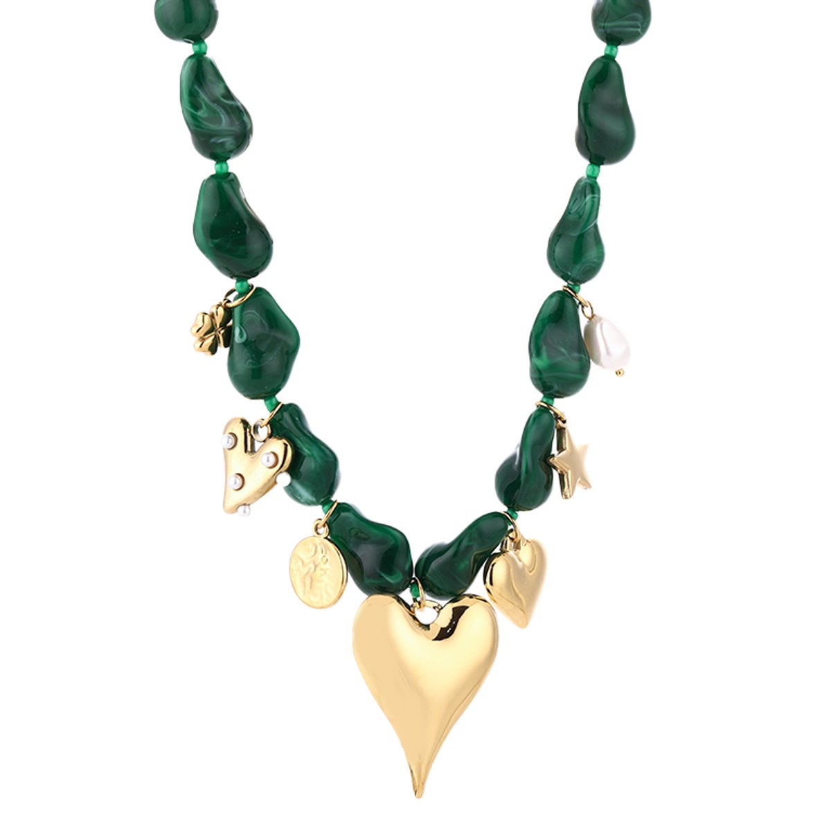 Irregular Bead Charms Necklace – Kralen Ketting met Bedels – RVS - Groen