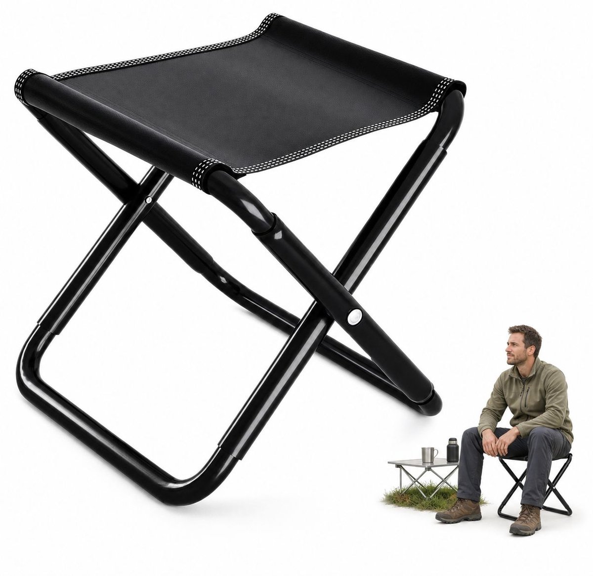 VHV - Campingkruk opvouwbaar - Lichtgewicht mini kruk met stalen frame, belastbaar tot 100 kg - zwart