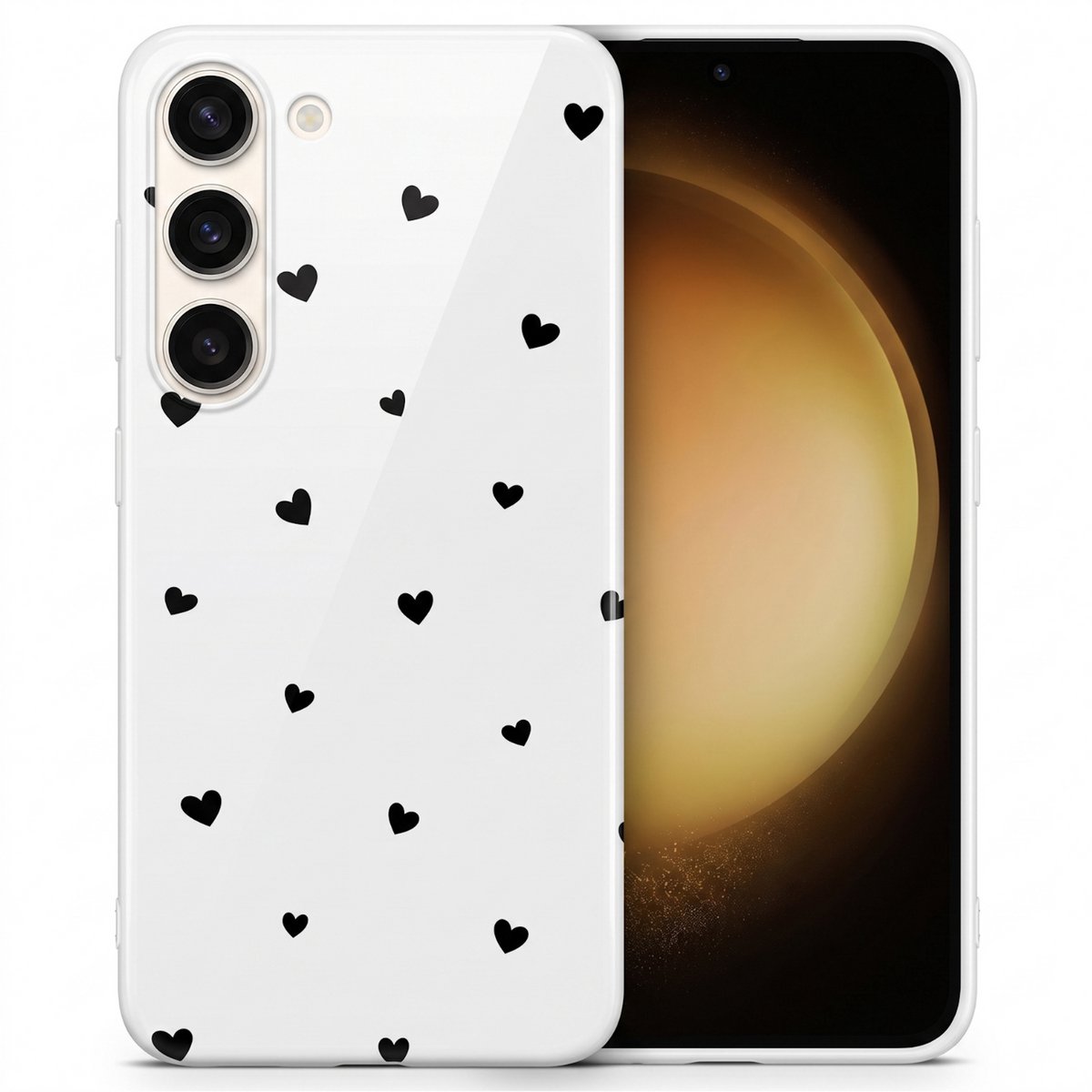 Hoesje geschikt voor Samsung Galaxy S23 Plus – Mini Hartjes – Exclusief Design – Polycarbonaat – Wit en Zwart