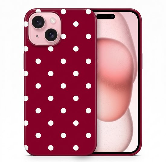 Coque de téléphone bordeaux avec pois blancs.