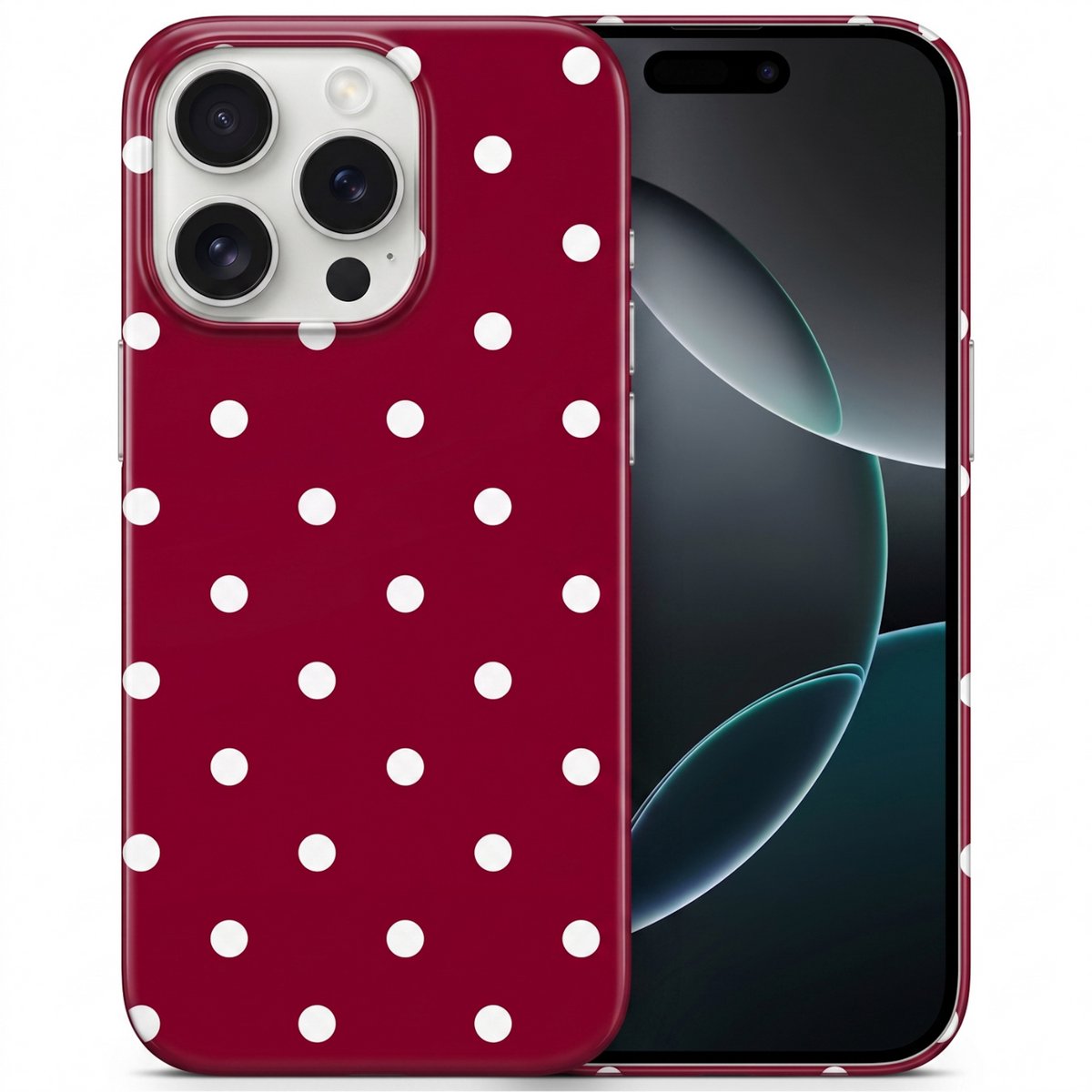 Hoesje geschikt voor iPhone 16 Pro Max – Polka Dots – Exclusief Design – Polycarbonaat – Bordeaux en Wit