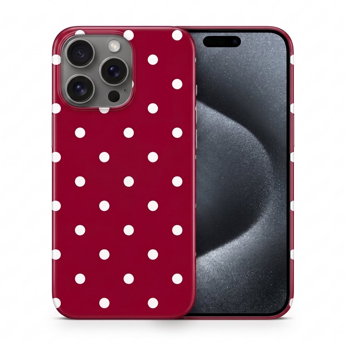 Hoesje geschikt voor iPhone 15 Pro Max – Polka Dots – Exclusief Design – Polycarbonaat – Bordeaux en Wit