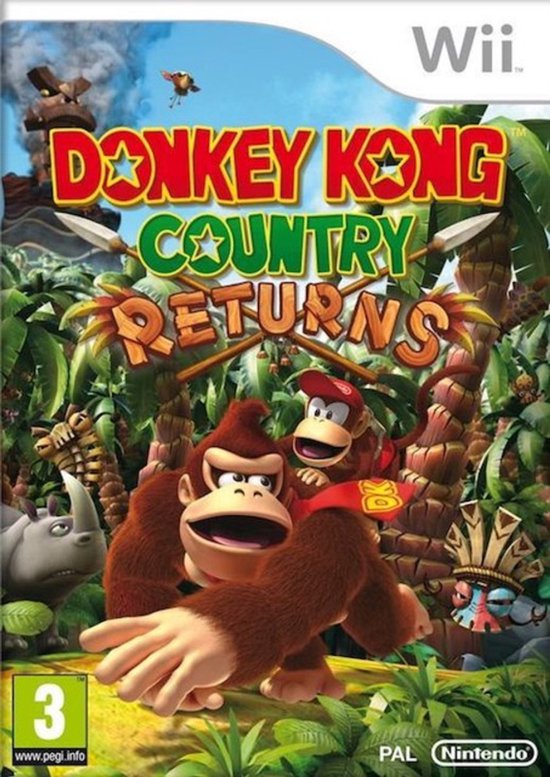 De cover van de Wii game Donkey Kong Country Returns. Donkey Kong en Diddy Kong staan vooraan op een jungle-achtergrond.