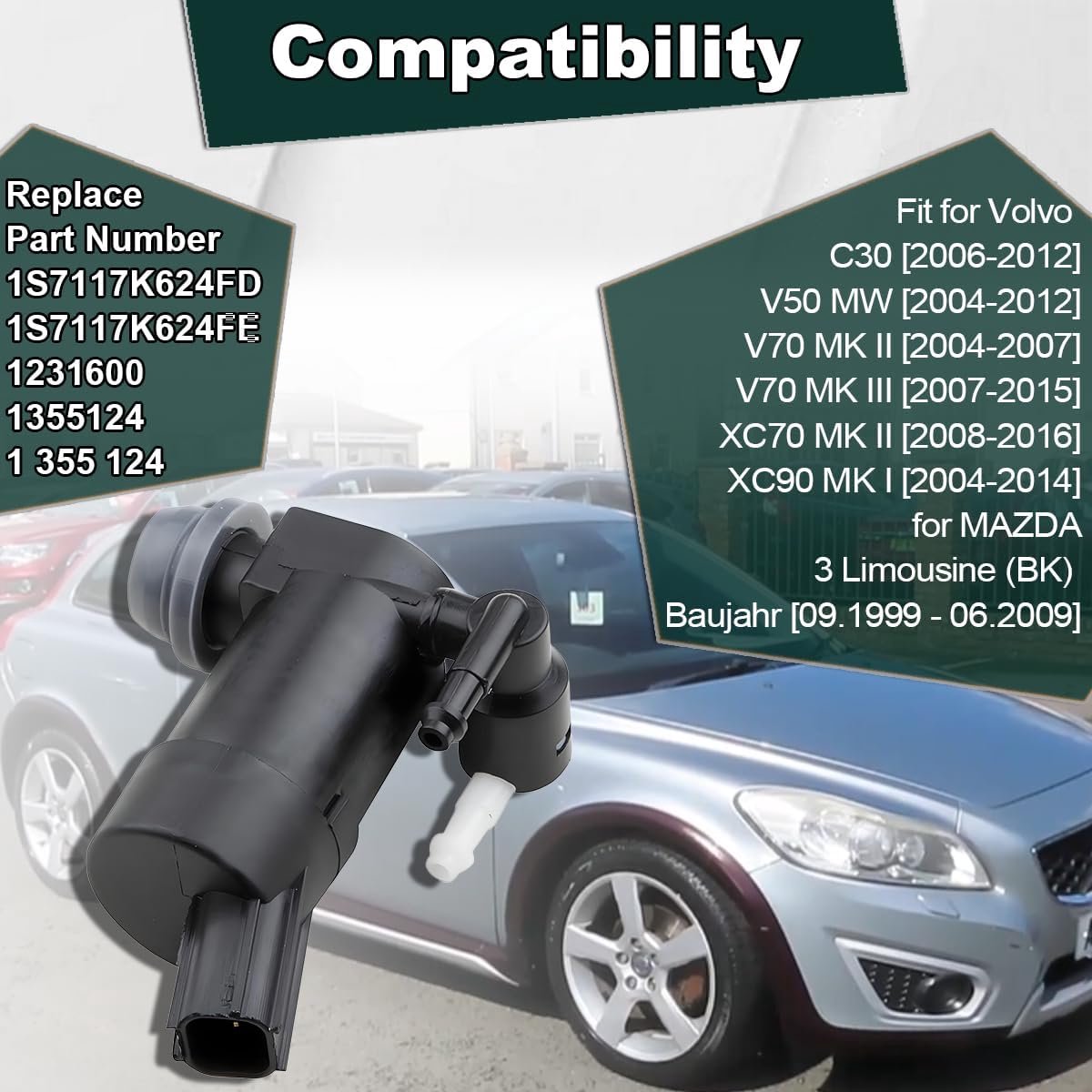1S7117K624FD ruitensproeipomp voor Ford C-Max Fiesta Mondeo Focus S-Max Grand Kuga voor Volvo V50 C30 XC70 XC90 voor Mazda 3 ruitenwassysteem met 2 uitgangen voor en achter 1S7117K624FE