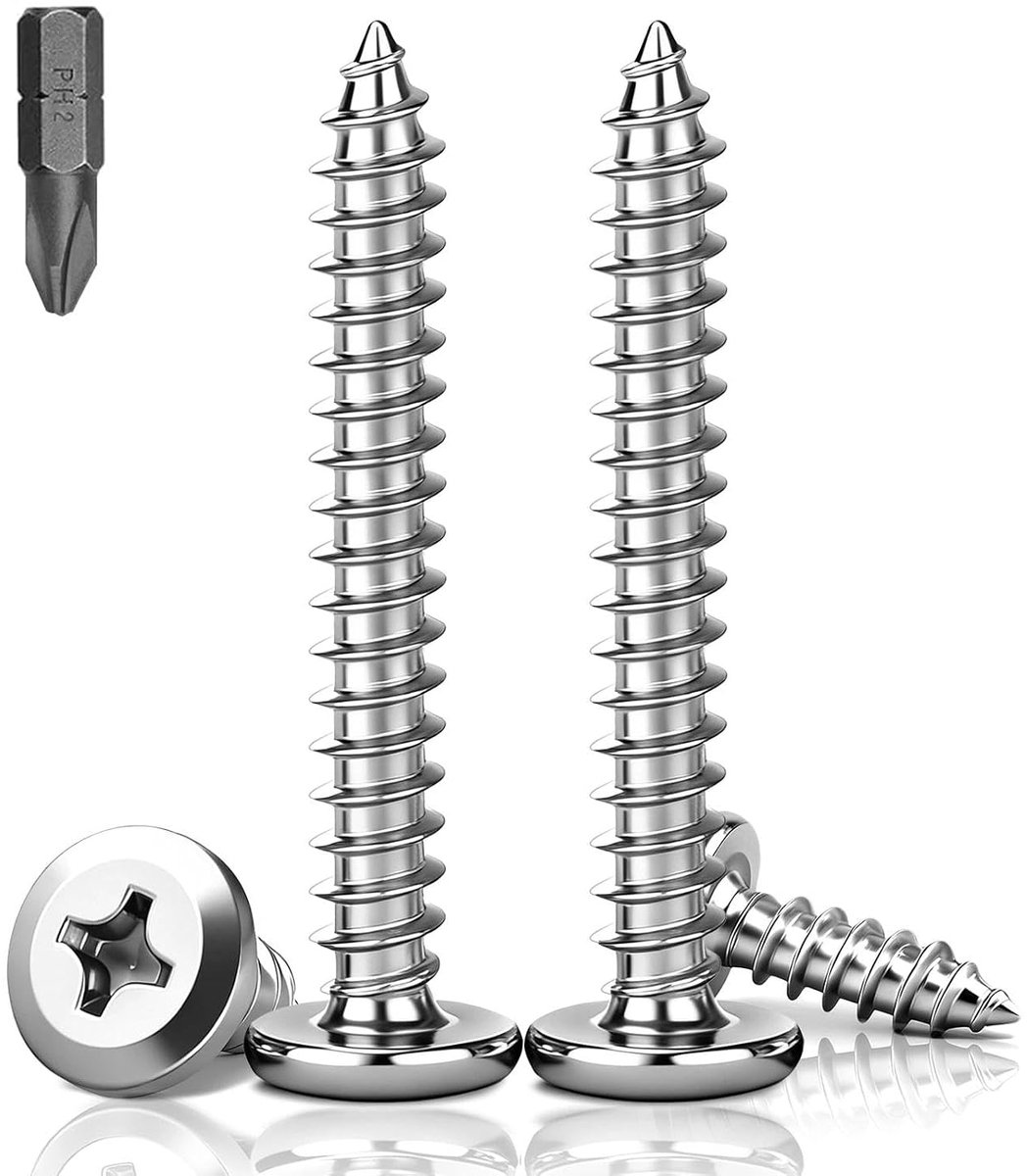 schroeven, roestvrij staal, A2 V2A, platte kopschroeven, kruiskop, zelftappende schroeven, M4 x 40 mm, volledige schroefdraad met bit voor metaal en hout, 60 stuks