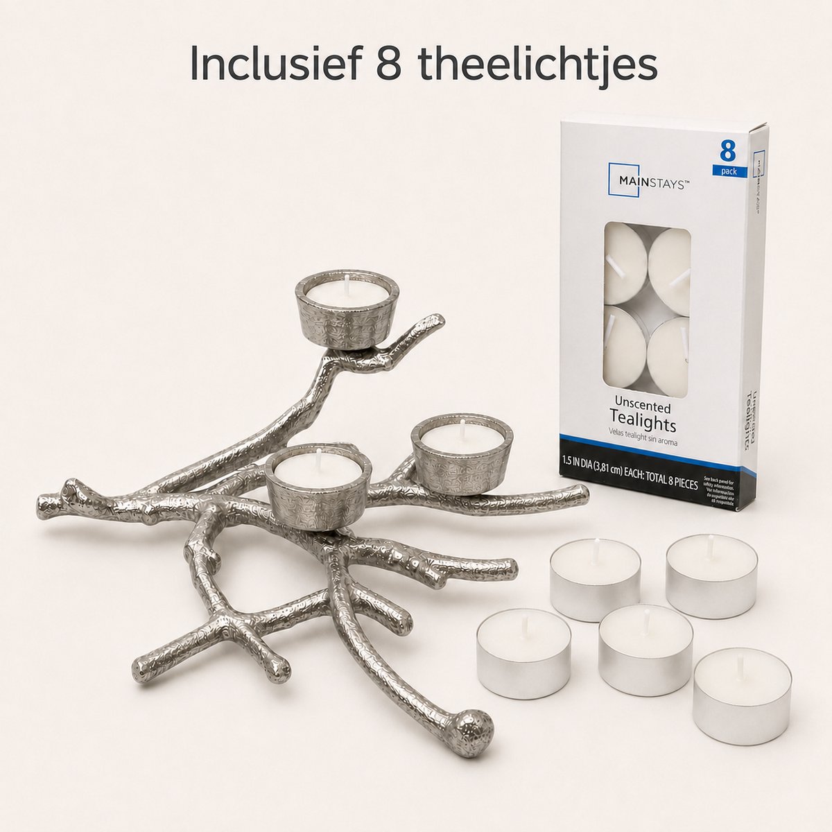 Benza – Theelichthouder Tak – Aluminium Zilverkleurig – 36 x 30 x 12 cm – Inclusief 8 Theelichtjes – Luxe Tafeldecoratie